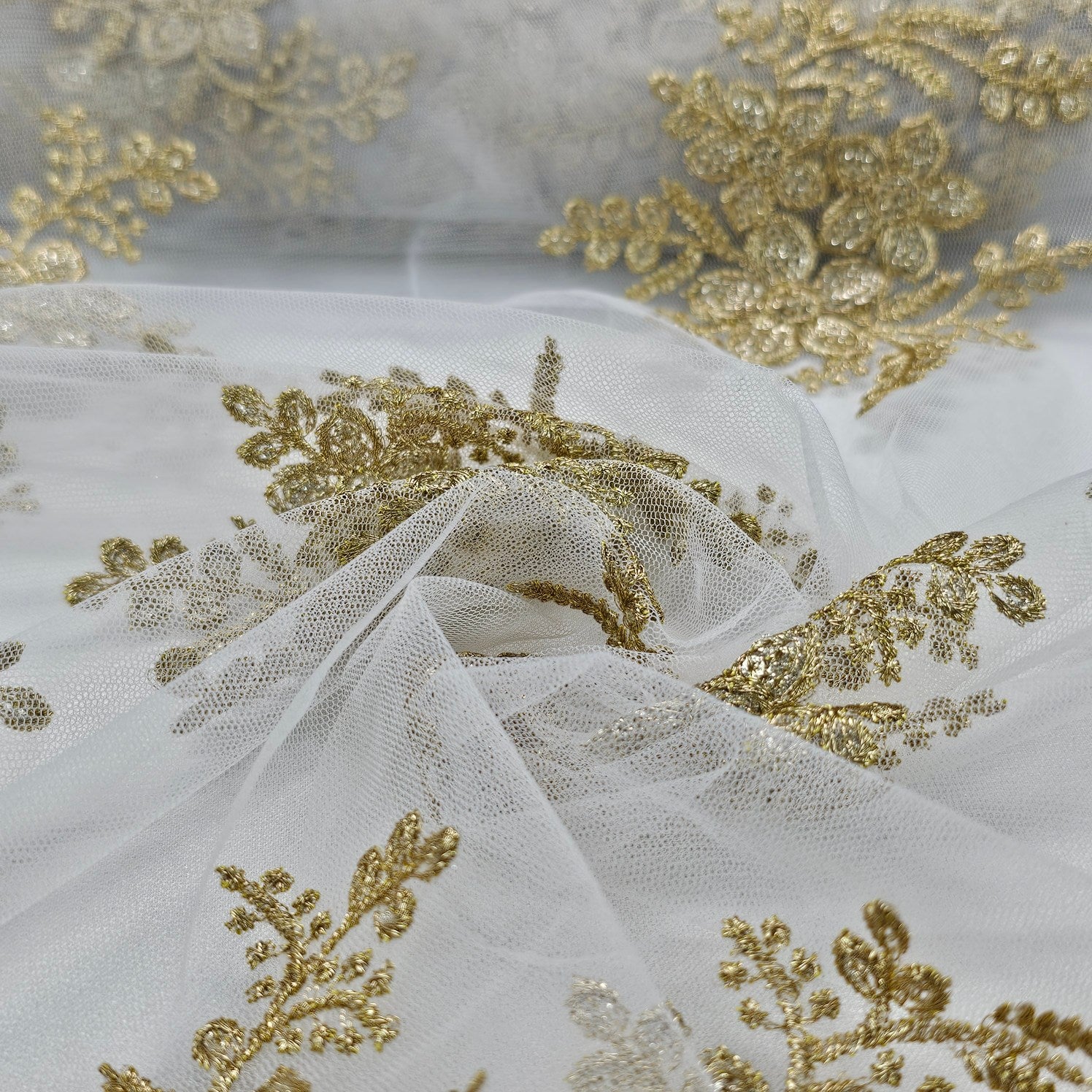Rahat Gold Zari Floral Embroidered Dyeable Net Fabric