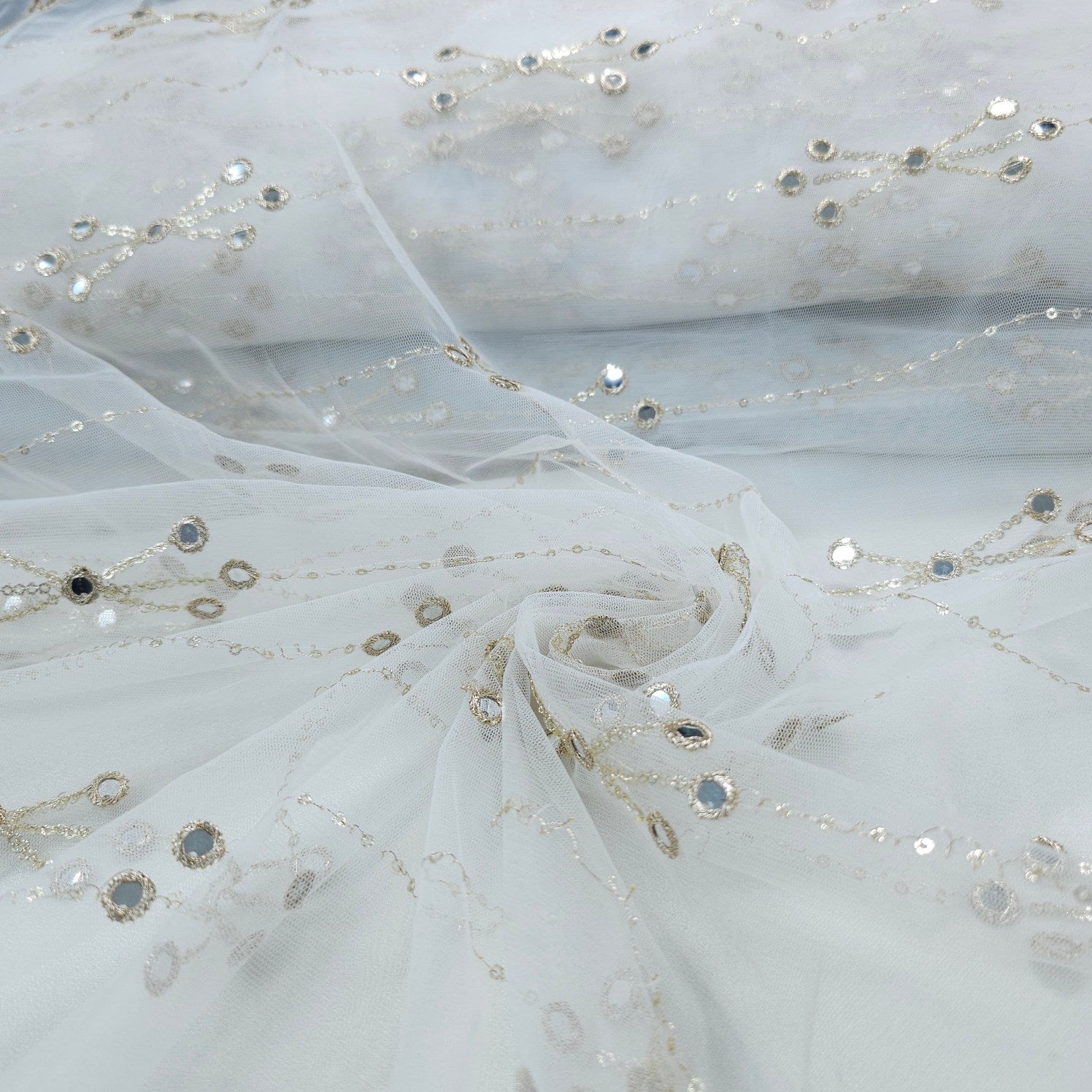 Rahat Gold Sequin, Zari & Mirror Work Embroidered Dyeable Net Fabric