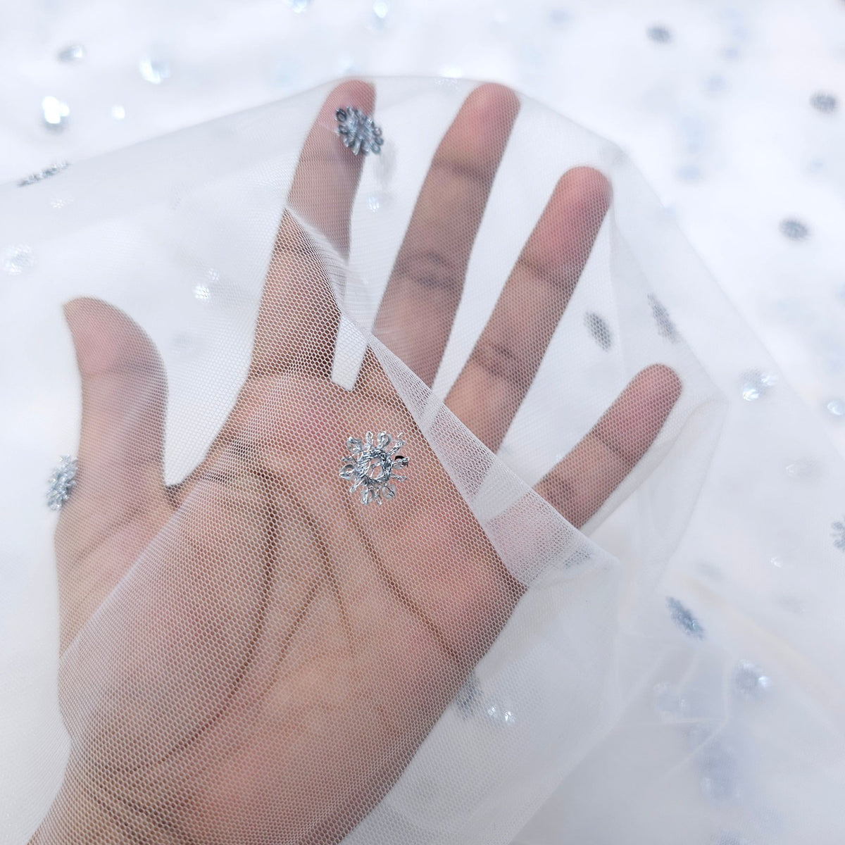 Dyeable Net Fabric with Silver Sequin Butta work