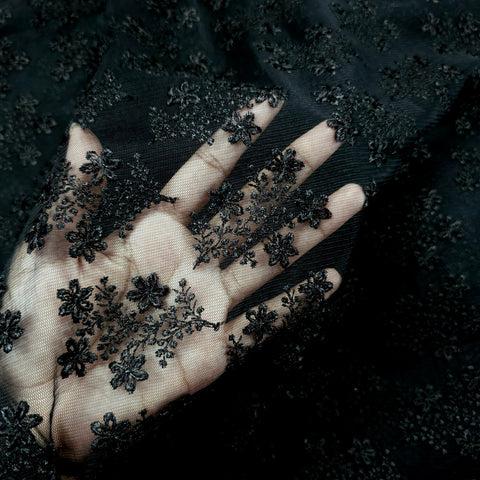 Embroidered Bright Black Net Fabric with Floral Motifs