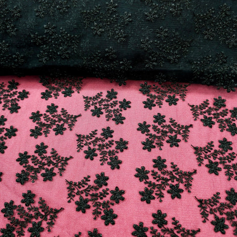 Embroidered Bright Black Net Fabric with Floral Motifs
