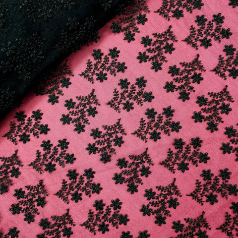 Embroidered Bright Black Net Fabric with Floral Motifs