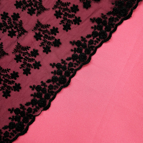 Embroidered Bright Black Net Fabric with Floral Motifs