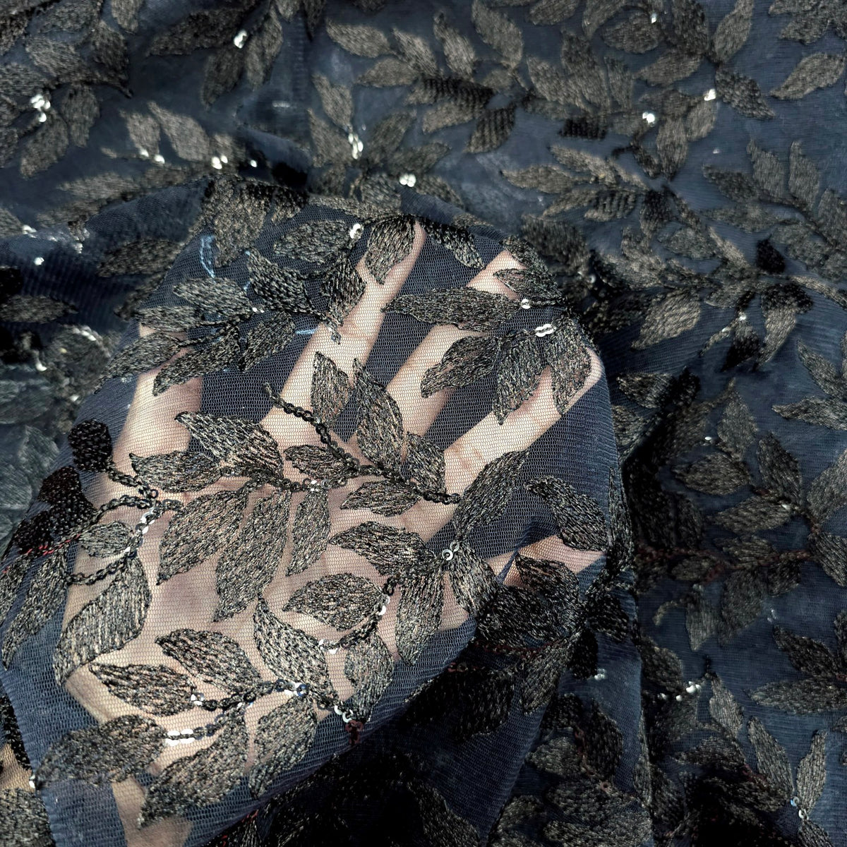 Leafy Threadwork Sequin Embroidered Black Net Fabric