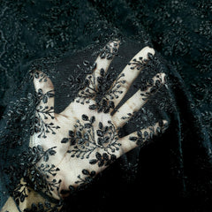 Embroidered Black Net Fabric with leaf Motifs