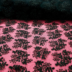 Embroidered Black Net Fabric with leaf Motifs