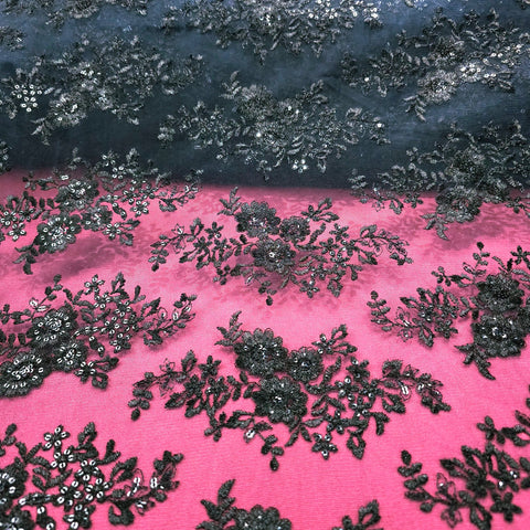 Embroidered Black Net Fabric with Sequin & Floral Motifs
