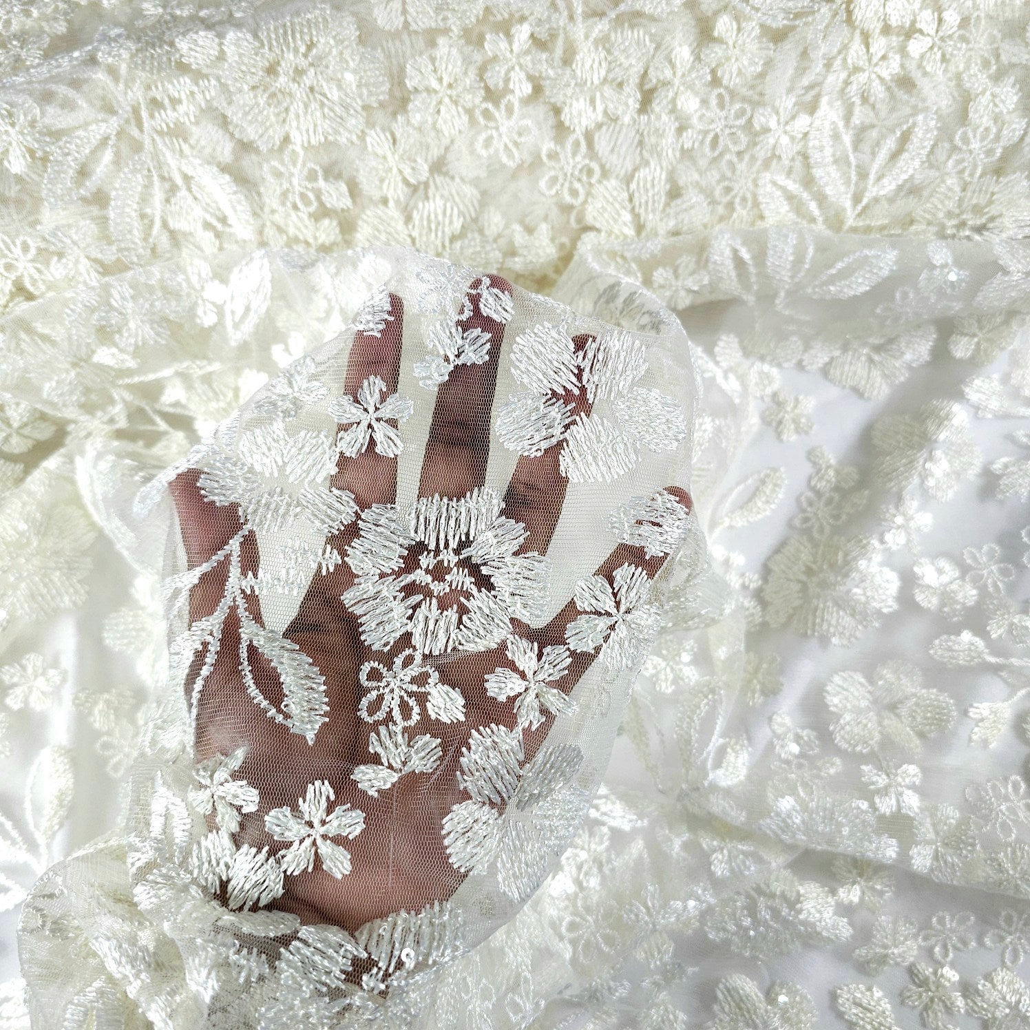 Davina Ivory Lacey Net Embroidered Fabric with Sequin work