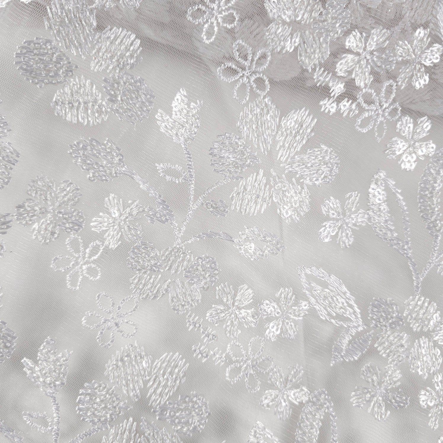 Davina Sequin Work White Lacey Net Embroidered Fabric