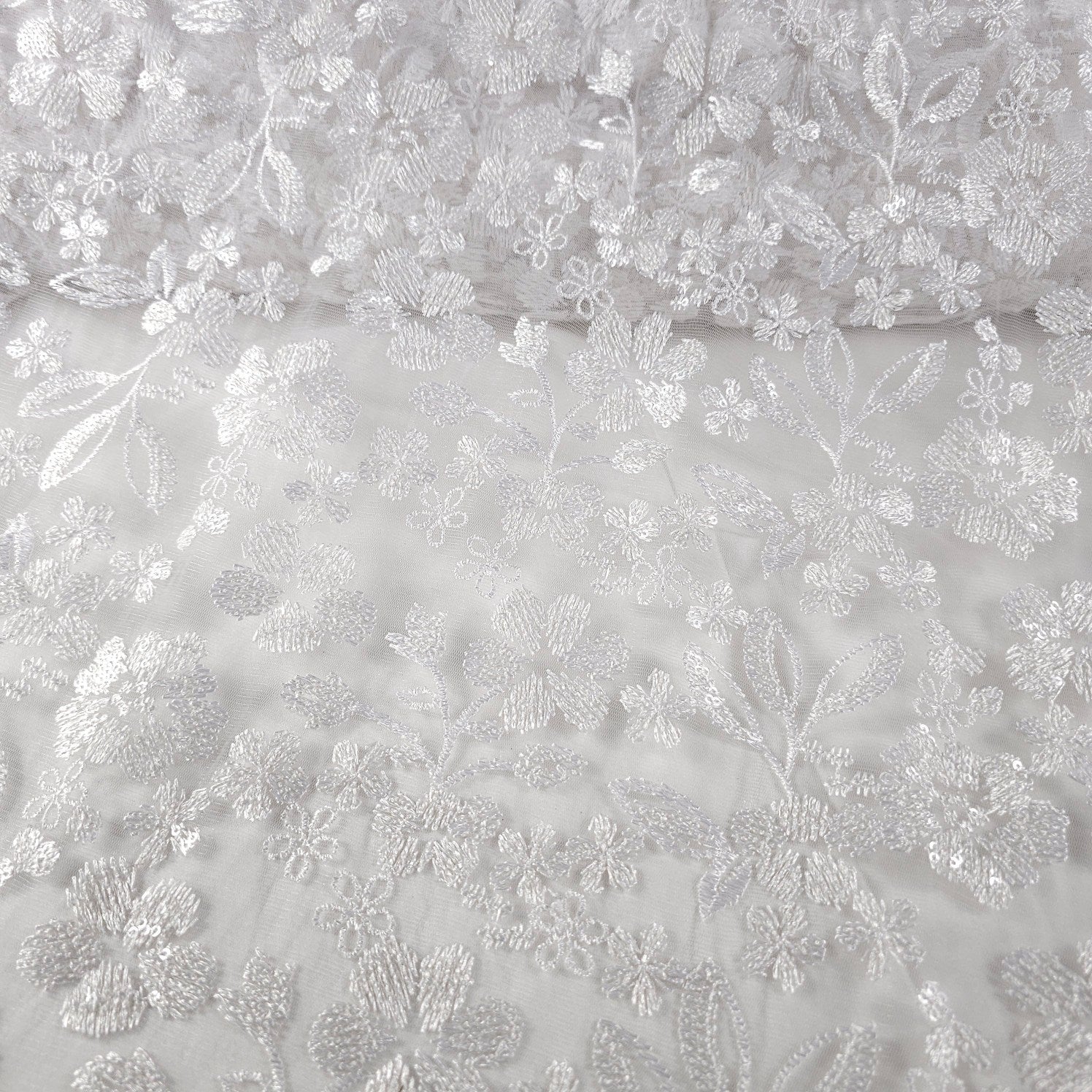 Davina Sequin Work White Lacey Net Embroidered Fabric