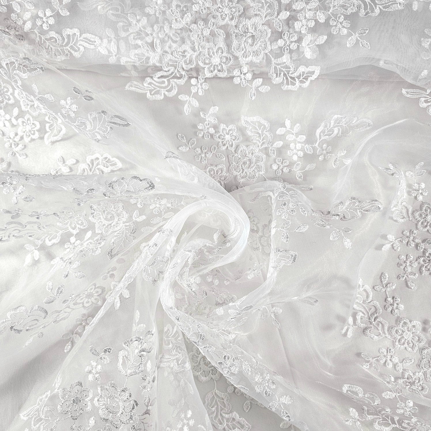 Ariana White Floral Organza Dress Piece ( Cut of 5 meters) Embroidered Fabric