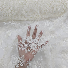 Elisa White Lacey Net Floral Embroidered Fabric