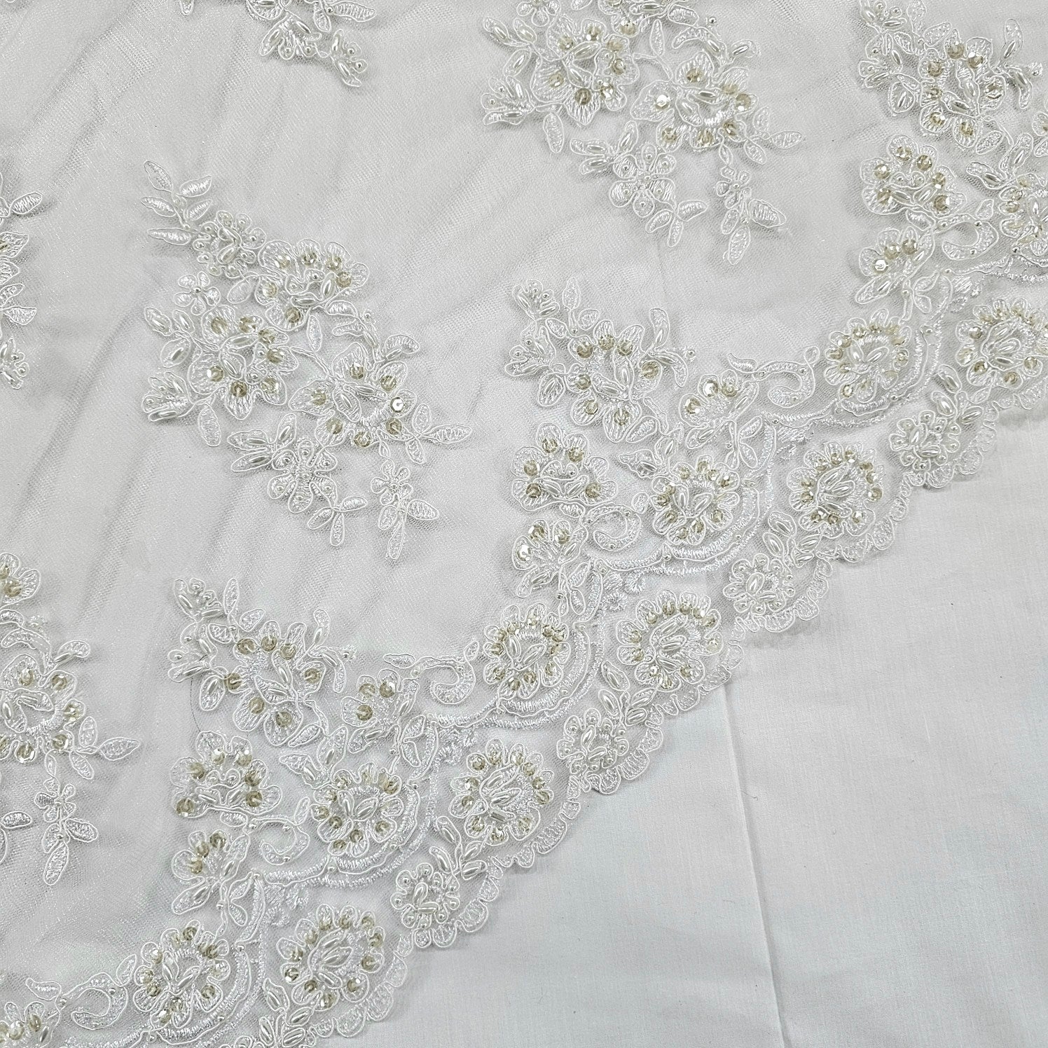 Selena Ivory Pearl & Sequin Lacey Net Floral Embroidered Fabric