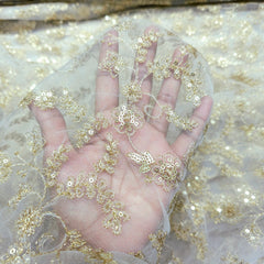 Dyeable Embroidered Net Fabric with Gold Zari, Sequin Work & Veil Pattern