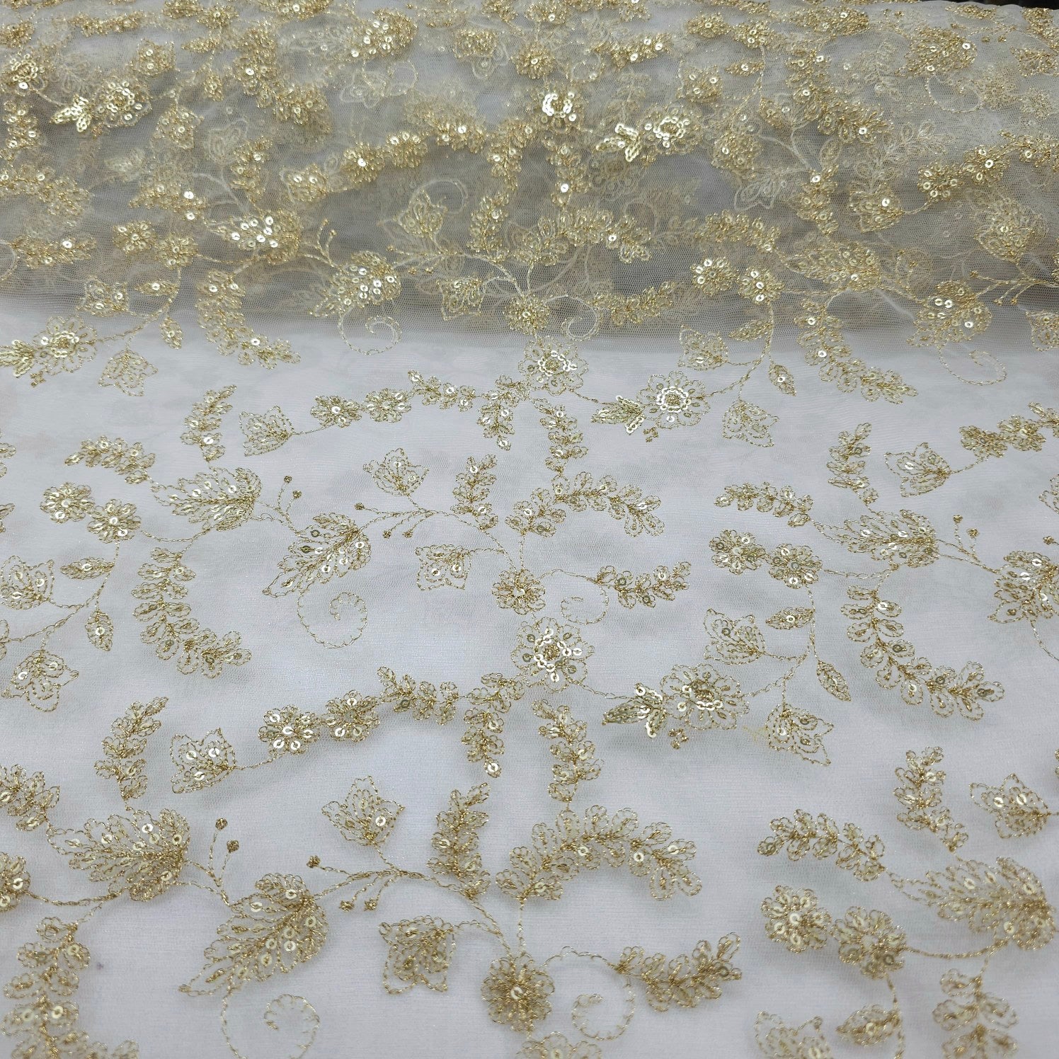 Dyeable Embroidered Net Fabric with Gold Zari, Sequin Work & Veil Pattern