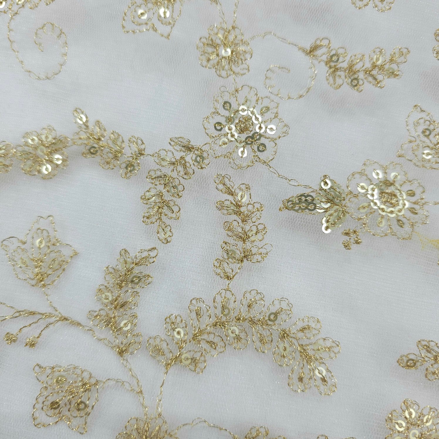 Dyeable Embroidered Net Fabric with Gold Zari, Sequin Work & Veil Pattern