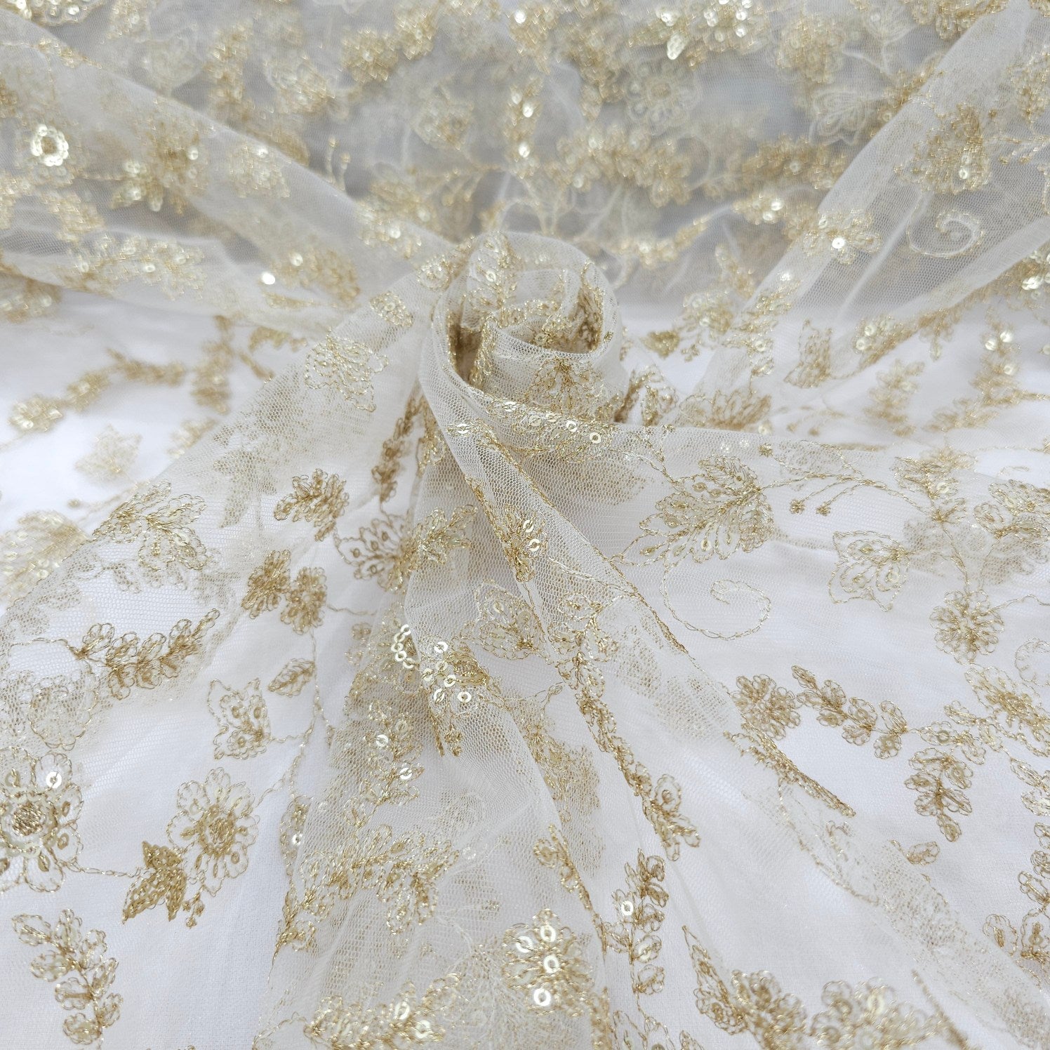 Dyeable Embroidered Net Fabric with Gold Zari, Sequin Work & Veil Pattern