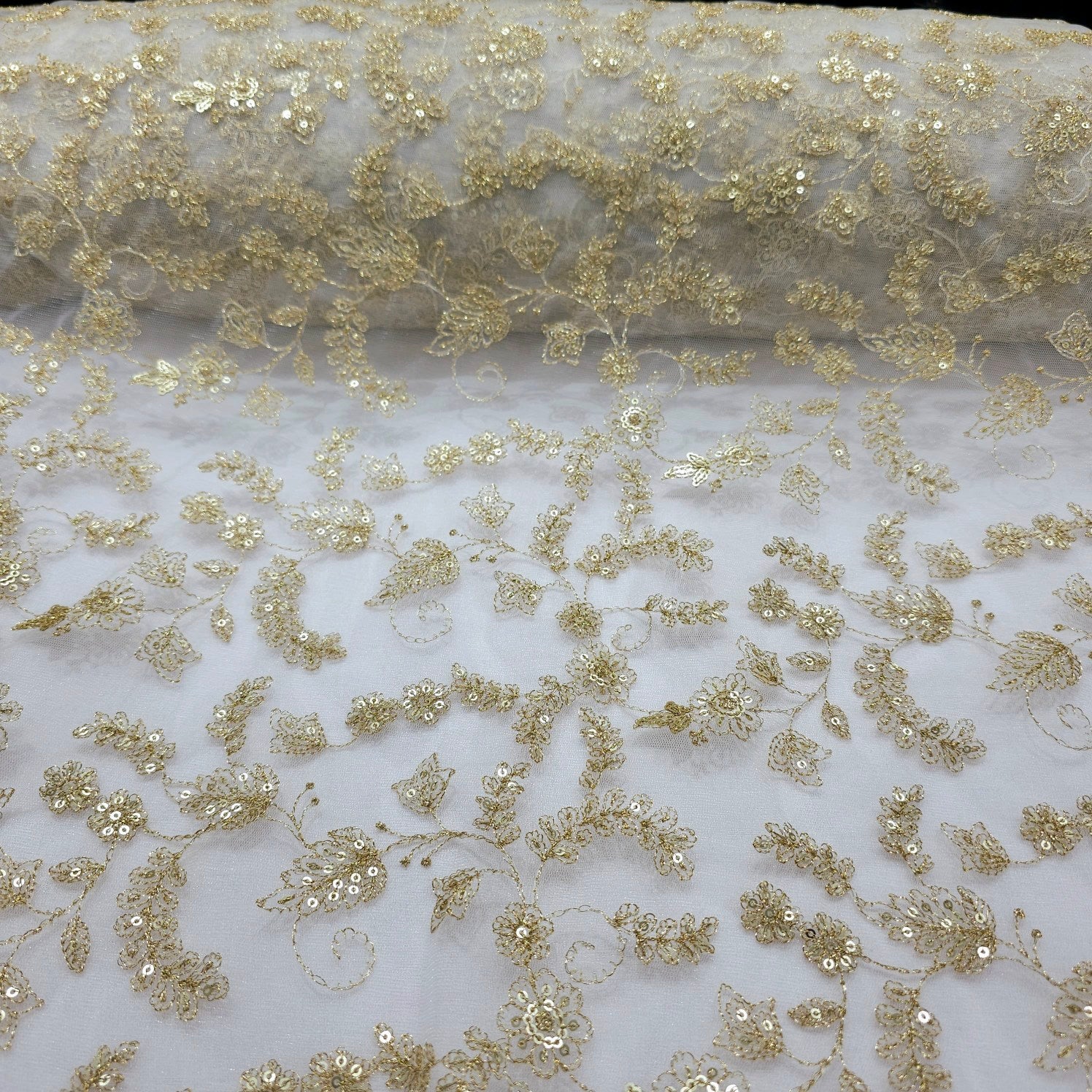 Dyeable Embroidered Net Fabric with Floral Gold Zari, Sequin Work & Veil Pattern