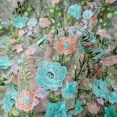 Floral Embroidered Net Fabric in Shades of Baby Pink, Peach & Acqa