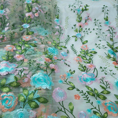 Floral Embroidered Net Fabric in Shades of Baby Pink, Peach & Acqa