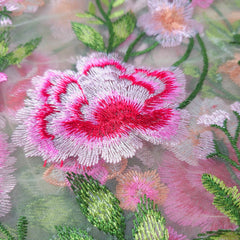 Floral Embroidered Net Fabric in Shades of Hot Pink, Peach & Red