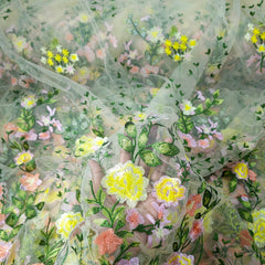 Floral Embroidered Net Fabric in Shades of Yellow, Peach and Light Pink