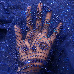 Electric Blue Embroidered Net Fabric with Sequins and Beads