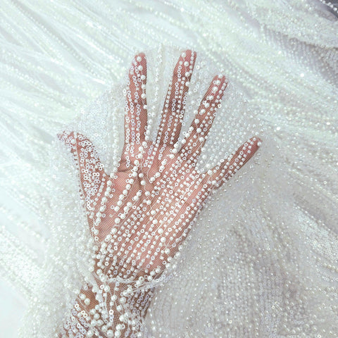 White Embroidered Net Fabric with Sequins and Beads