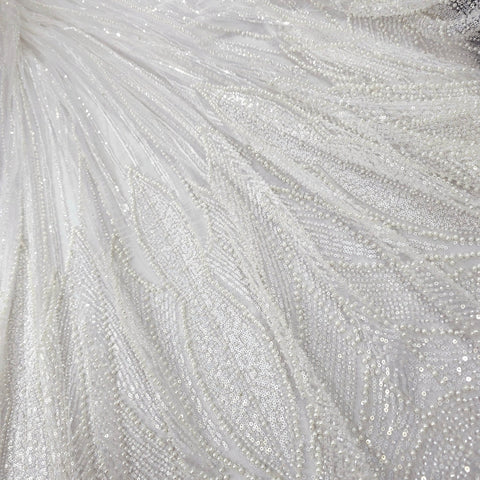 White Embroidered Net Fabric with Sequins and Beads