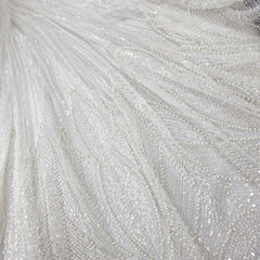 White Embroidered Net Fabric with Sequins and Beads