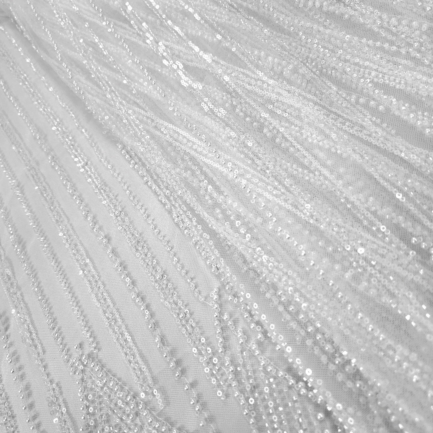 White Embroidered Net Fabric with Sequins and Beads