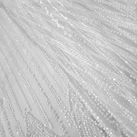 White Embroidered Net Fabric with Sequins and Beads