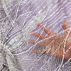 Lilac Embroidered Net Fabric with Sequins and Beads