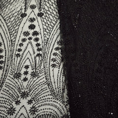 Black Embroidered Net Fabric with Sequins, Cutdana and Beads