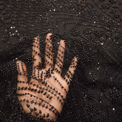 Black Embroidered Net Fabric with Sequins, Cutdana and Beads