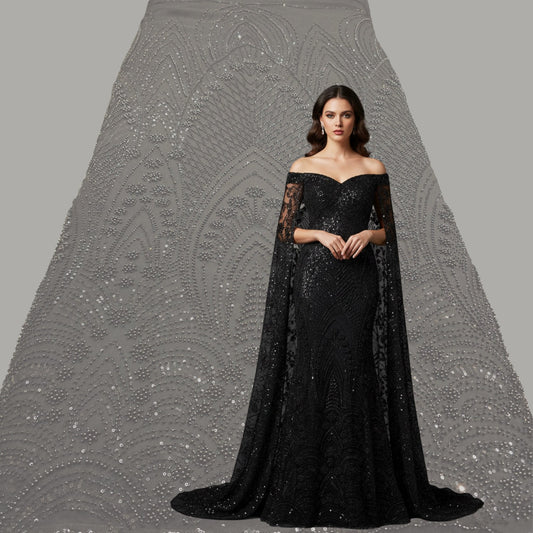 Black Embroidered Net Fabric with Sequins, Cutdana and Beads 1496
