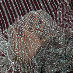 Maroon Embroidered Net Fabric with Sequins and Beads