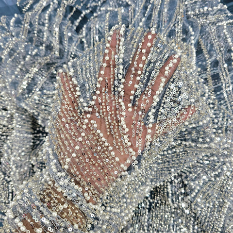 Cinderella Blue Embroidered Net Fabric with Sequins and Beads