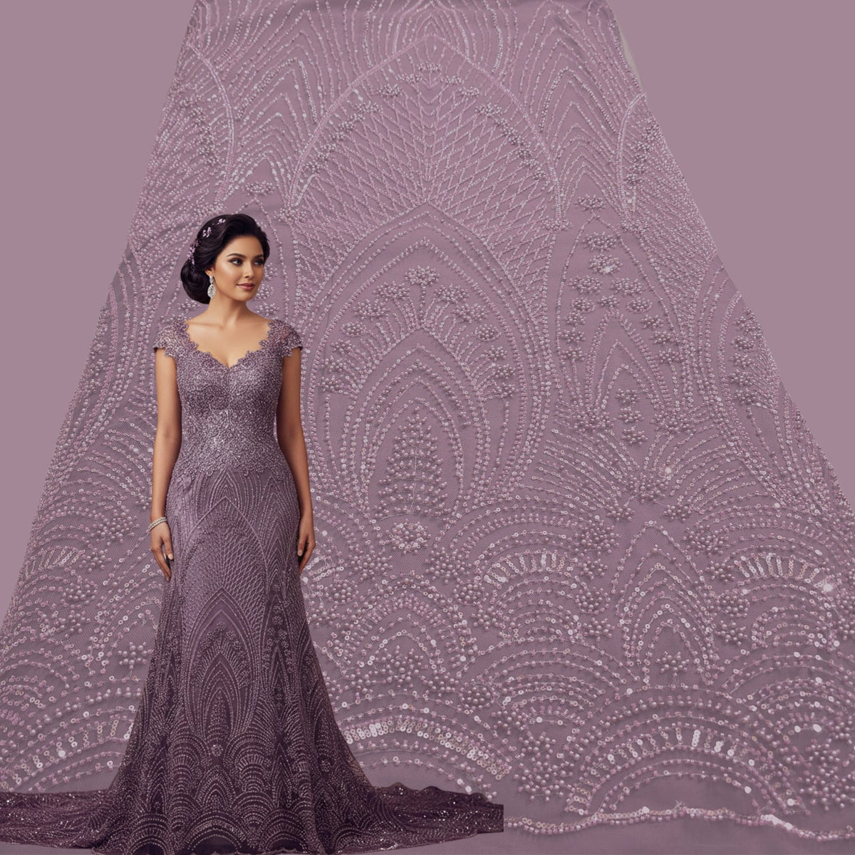 Light Wine Embroidered Net Fabric with Sequins and Beads