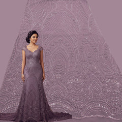 Light Wine Embroidered Net Fabric with Sequins and Beads