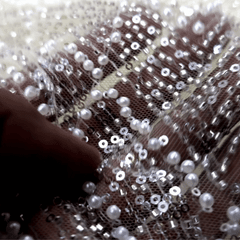 Ivory Gold Embroidered Net Fabric with Sequins and Beads