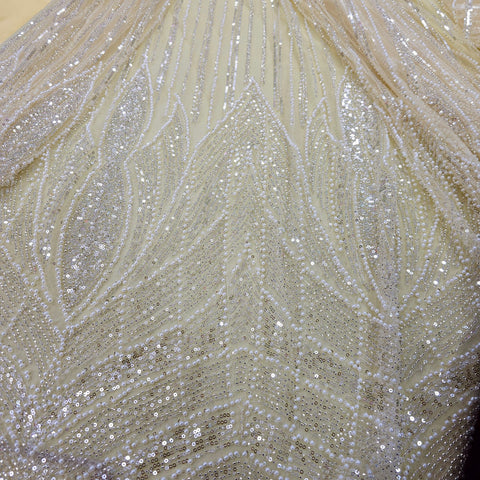 Ivory Gold Embroidered Net Fabric with Sequins and Beads