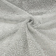 Embroidered Light Grey Color Net Fabric with Intricate Floral patterns