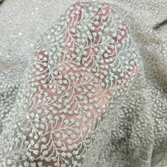 Embroidered Biege Color Net Fabric with Intricate Floral patterns