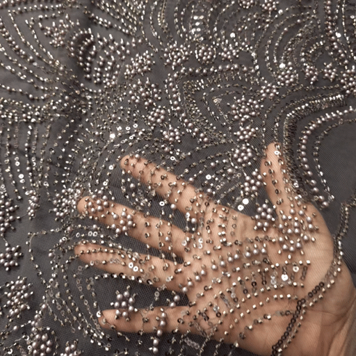 Grey Embroidered Net Fabric with Greyish Silver Beads, Sequins & Cutdana Work 512