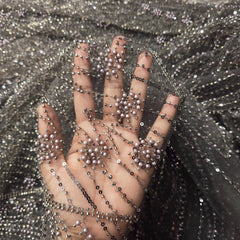 Grey Embroidered Net Fabric with Greyish Silver Beads, Sequins & Cutdana Work