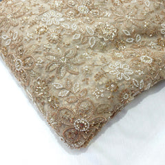 Floral Embroidered Gold Net Fabric with White Beads, Sequin & Zari Work