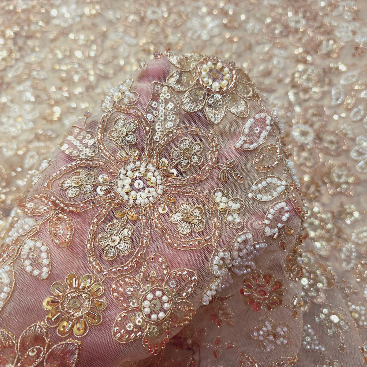 Floral Embroidered Gold Net Fabric with White Beads, Sequin & Zari Work
