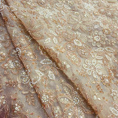 Floral Embroidered Gold Net Fabric with White Beads, Sequin & Zari Work
