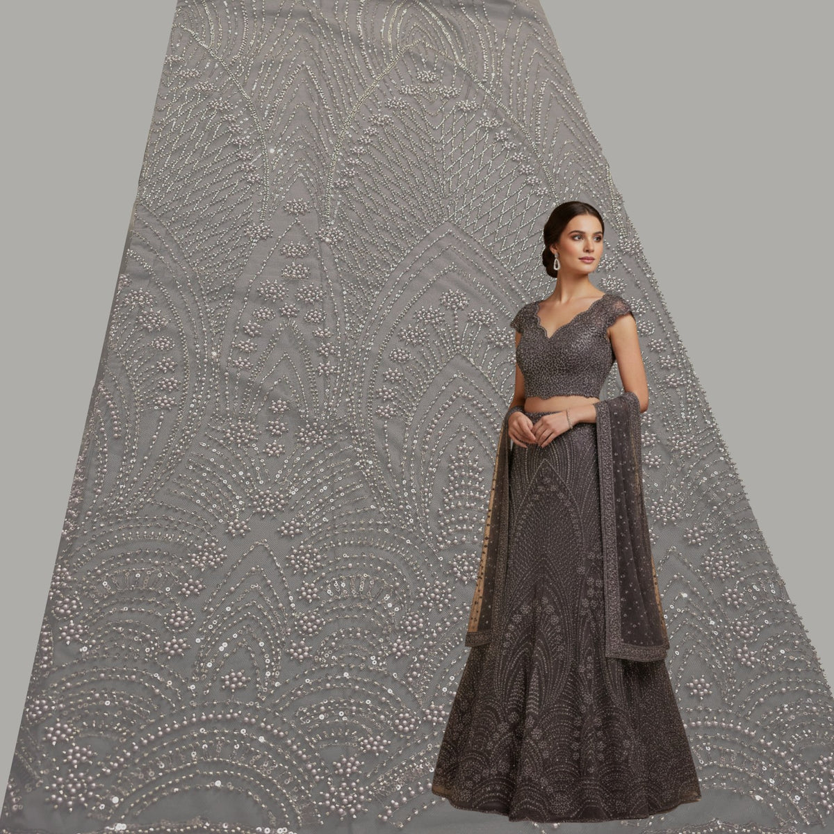 Grey Embroidered Net Fabric with Greyish Silver Beads, Sequins & Cutdana Work